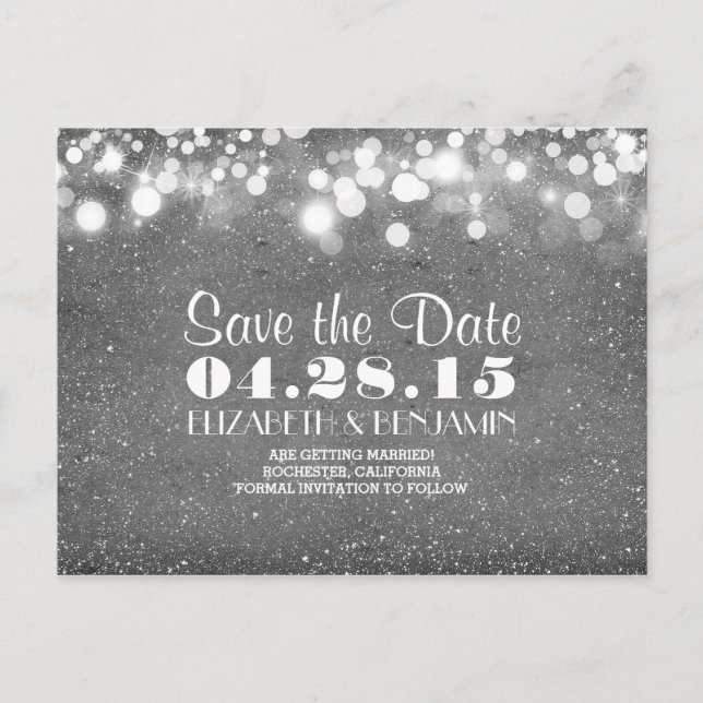 silver glitter string of lights save the date announcement postcard (Front)