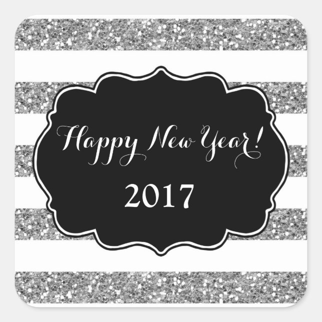 Silver Glitter Stripes Happy New Year 2017 Square Sticker (Front)
