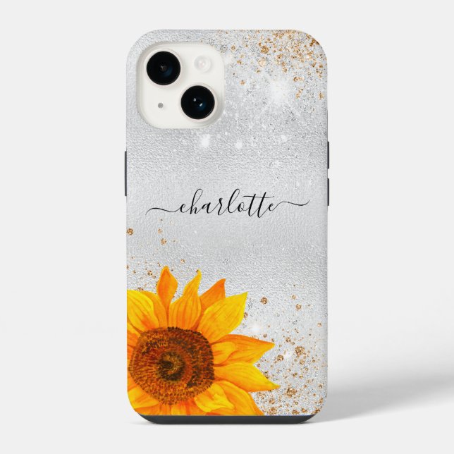 Silver glitter sunflower name iPhone case (Back)
