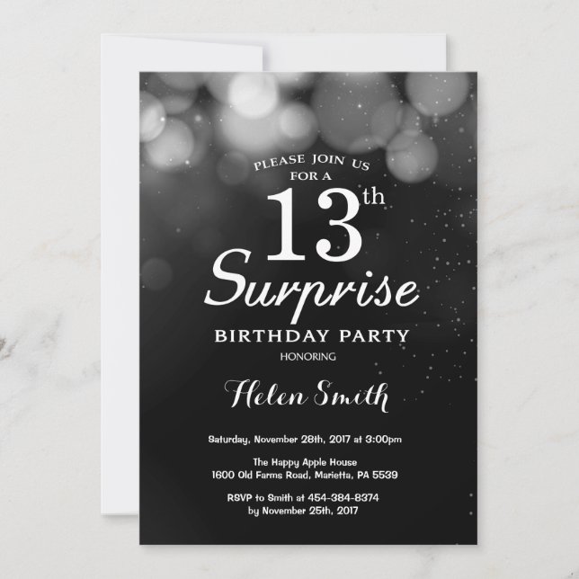 Silver Glitter Surprise 13th Birthday Invitation (Front)