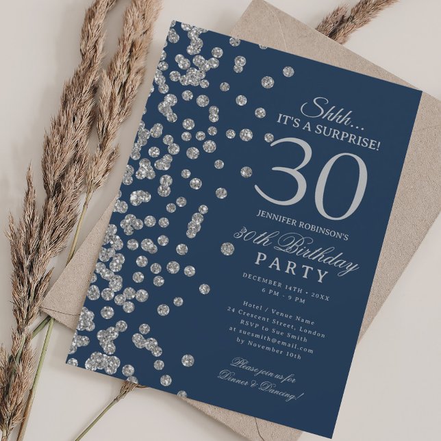 Silver Glitter Surprise 30th Birthday Navy Invitation (Silver Glitter Surprise 30th Birthday Navy Invitation)