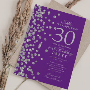 Silver Glitter Surprise 30th Birthday Purple Invitation