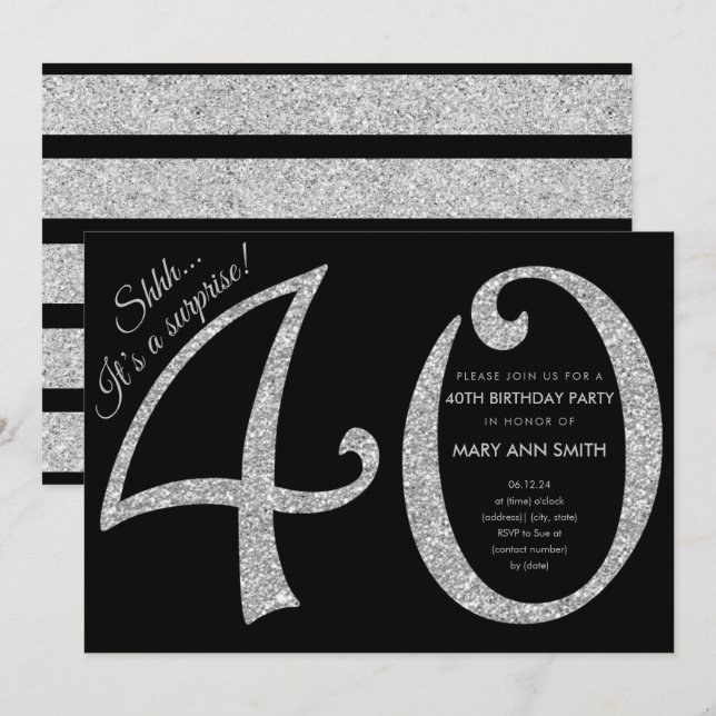 Silver Glitter Surprise 40th Birthday Party Invitation (Front/Back)
