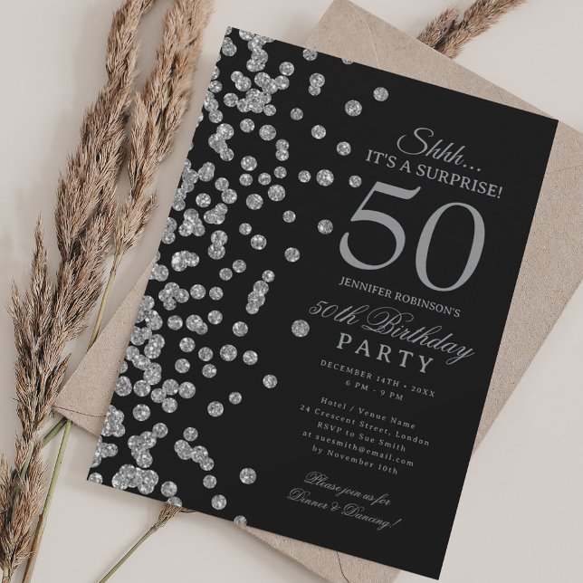 Silver Glitter Surprise 50th Birthday Black Invitation (Silver Glitter Surprise 50th Birthday Black Invitation)