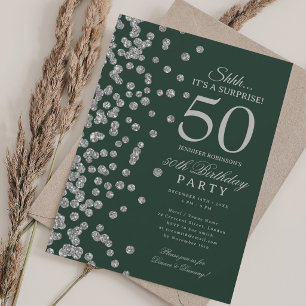 Silver Glitter Surprise 50th Birthday Party Green Invitation