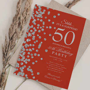 Silver Glitter Surprise 50th Birthday Party Red Invitation