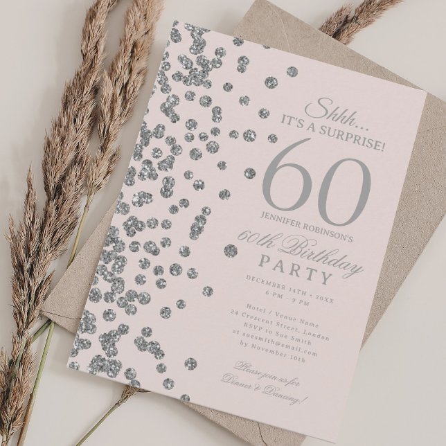 Silver Glitter Surprise 60th Birthday Blush Pink Invitation (Silver Glitter Surprise 60th Birthday Blush Pink Invitation)
