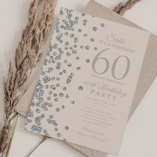 Silver Glitter Surprise 60th Birthday Champagne  Invitation