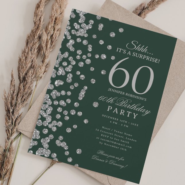Silver Glitter Surprise 60th Birthday Green Invitation (Silver Glitter Surprise 60th Birthday Green Invitation)