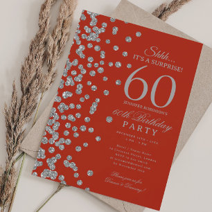 Silver Glitter Surprise 60th Birthday Party Red Invitation