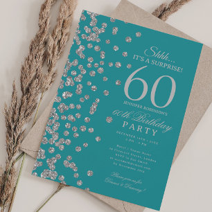Silver Glitter Surprise 60th Birthday Teal  Invitation