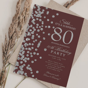 Silver Glitter Surprise 80th Birthday Burgundy Invitation