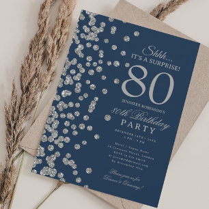 Silver Glitter Surprise 80th Birthday Navy Blue Invitation