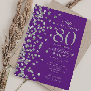 Silver Glitter Surprise 80th Birthday Purple Invitation