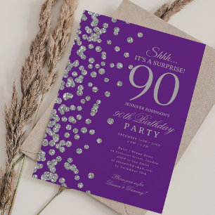  Silver Glitter Surprise 90th Birthday Purple  Invitation