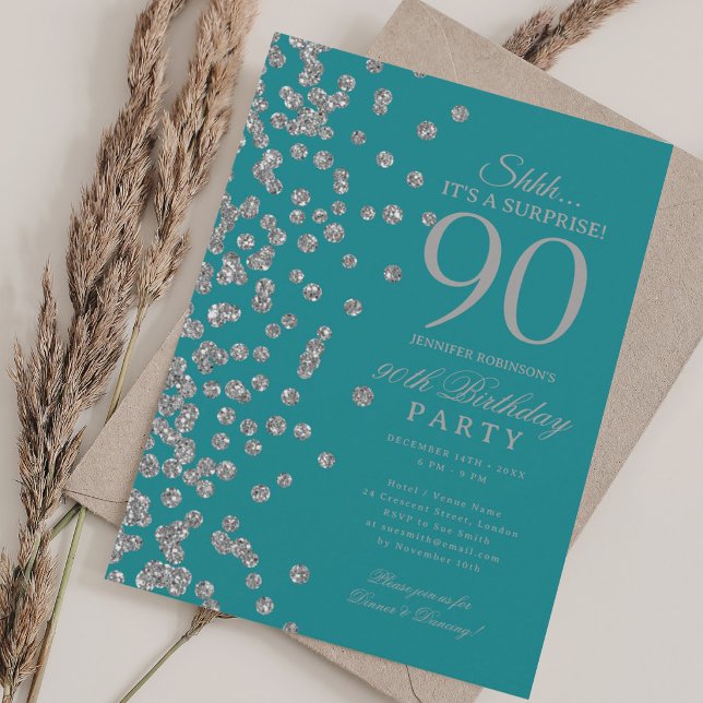  Silver Glitter Surprise 90th Birthday Turquoise  Invitation (Silver Glitter Surprise 90th Birthday Turquoise Invitation)