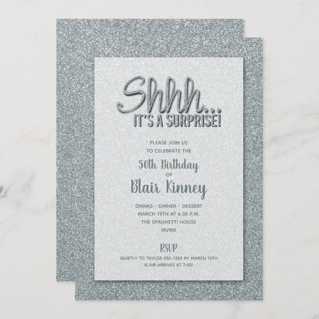 Silver Glitter SURPRISE Birthday Invitation (Front/Back)