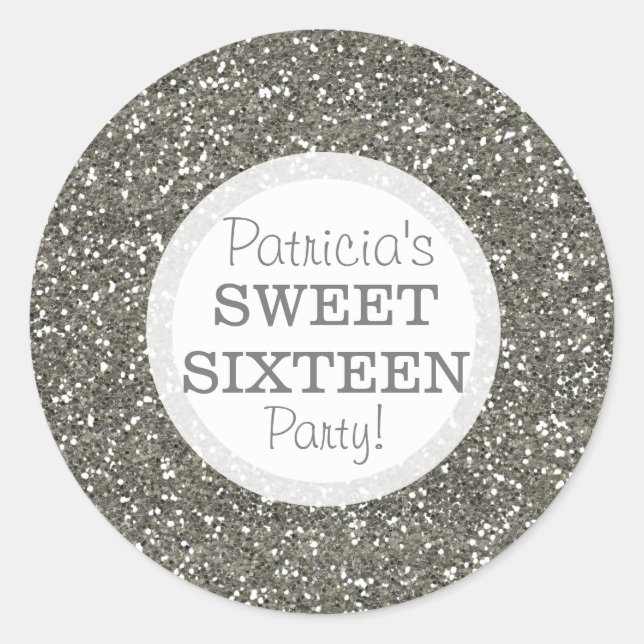 Silver Glitter Sweet 16 Classic Round Sticker (Front)