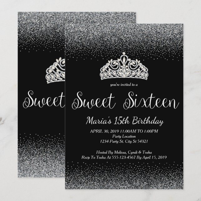 Silver Glitter, Sweet 16 Invitations (Front/Back)