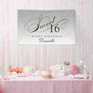 Silver Glitter Sweet 16 Personalised Birthday  Banner
