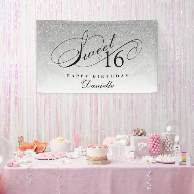 Silver Glitter Sweet 16 Personalised Birthday  Banner (Party)