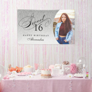 Silver Glitter Sweet 16 Personalised Photo Banner