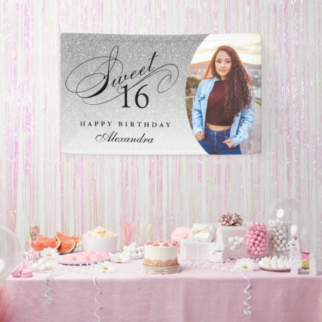 Silver Glitter Sweet 16 Personalised Photo Banner (Party)