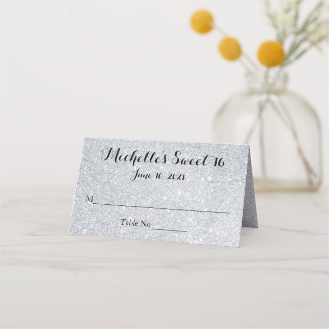 Silver Glitter Sweet 16 Personalised Place Card (Front)