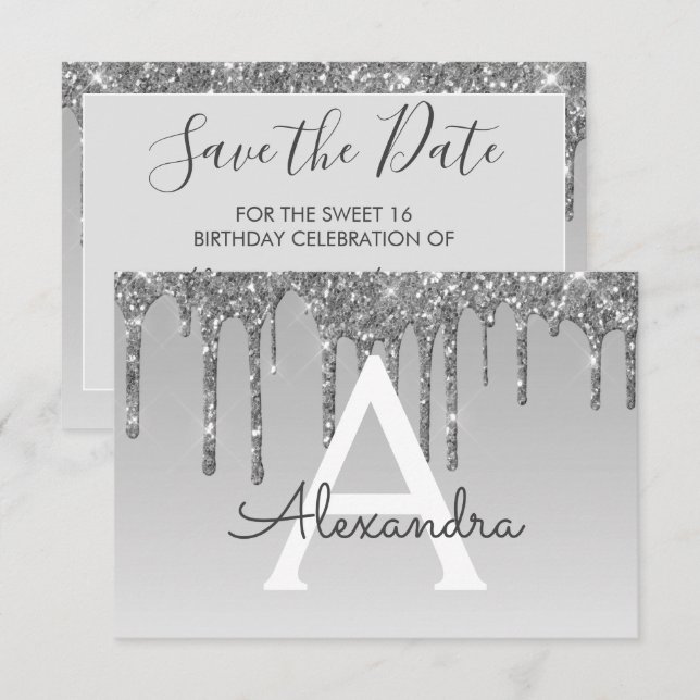 Silver Glitter Sweet 16 Save the Date Invitation (Front/Back)