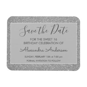 Silver Glitter Sweet 16 Save the Date Magnet