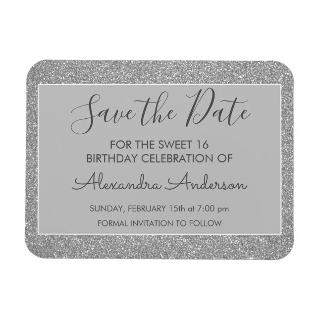Silver Glitter Sweet 16 Save the Date Magnet (Horizontal)