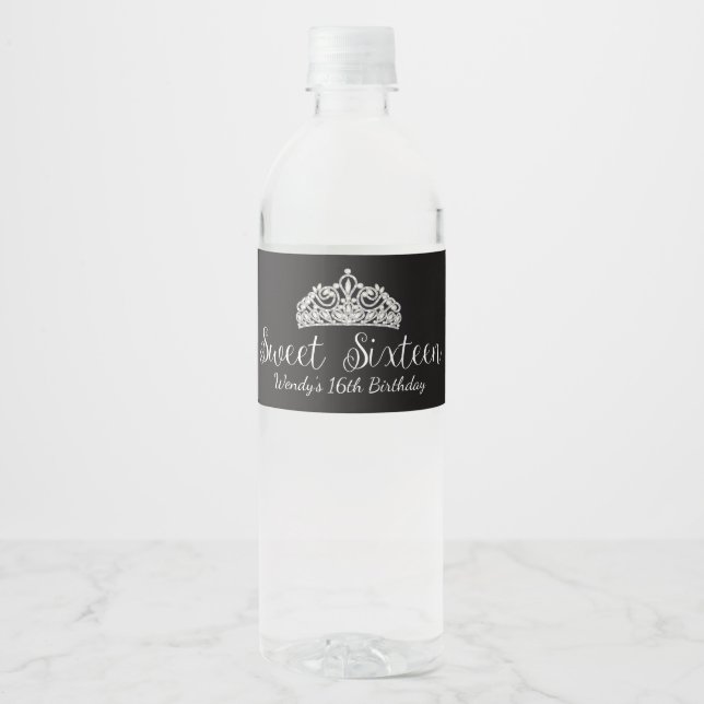 Silver Glitter, Sweet 16 Water Bottle Label (Front)