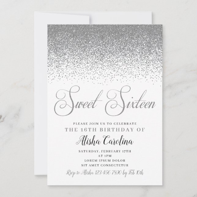 Silver Glitter Sweet Sixteen Birthday Invitation (Front)