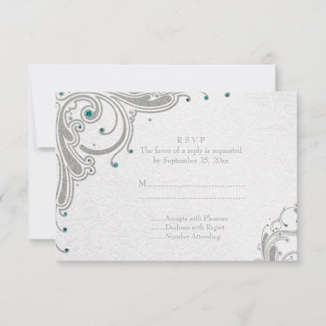 Silver glitter swirls + aqua jewels wedding RSVP (Front)