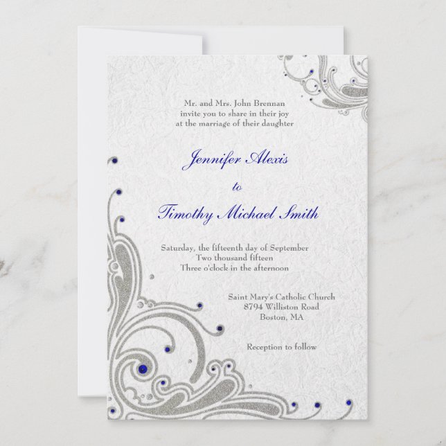 Silver glitter swirls + blue jewels wedding invite (Front)