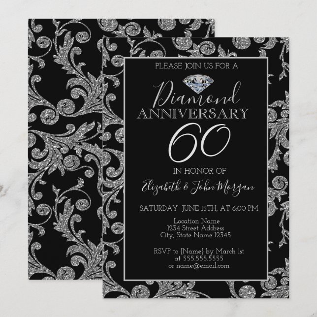 Silver Glitter Swirls Diamond Wedding Anniversary Invitation (Front/Back)