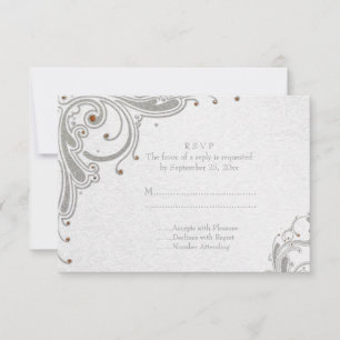 Silver glitter swirls + orange jewels wedding RSVP Card