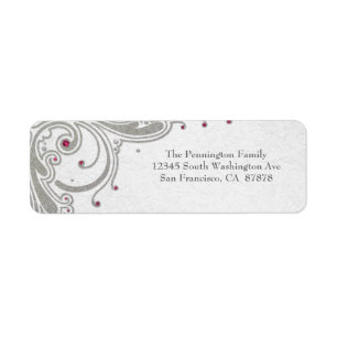 Silver glitter swirls + pink jewels address label