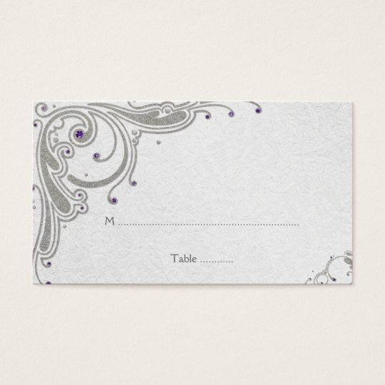 Silver glitter swirls + purple jewel place card