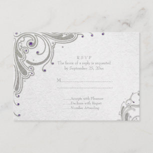 Silver glitter swirls + purple jewels wedding RSVP Card