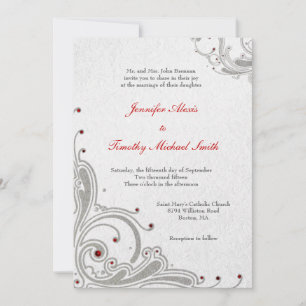 Silver glitter swirls + red jewels wedding invite