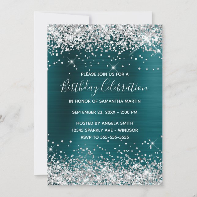 Silver Glitter Teal Blue Foil Birthday Celebration Invitation (Front)