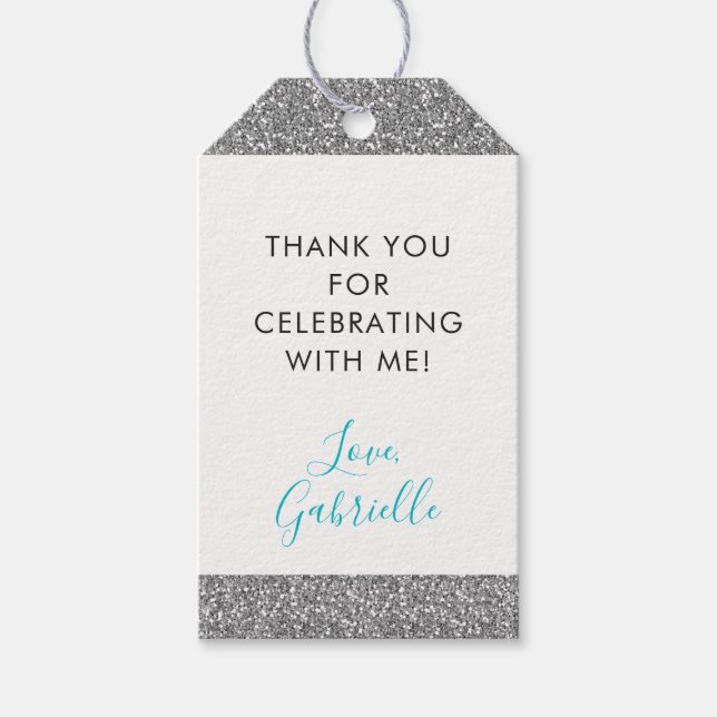 Silver Glitter Teal Blue Thank You Favour Tag (Front)