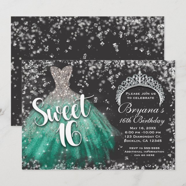 Silver Glitter Teal Dress Tiara Dark Sweet 16 Invitation (Front/Back)