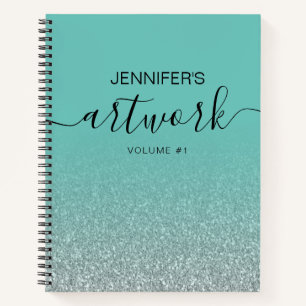 Silver Glitter Teal Girly Ombre Sketchbook Name Notebook