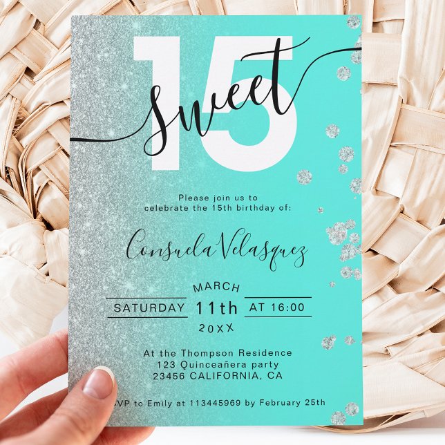 Silver glitter teal Quinceanera photo mis quince Invitation (Creator Uploaded)