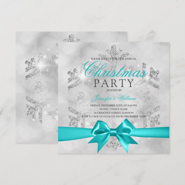 Silver Glitter & Teal Ribbon | Xmas Holiday  Invitation (Front/Back)