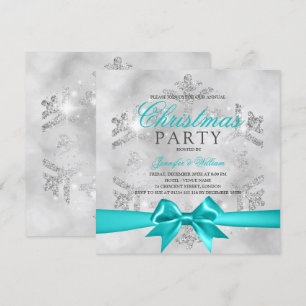 Silver Glitter & Teal Ribbon   Xmas Holiday  Invitation