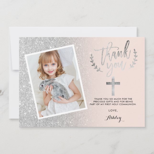 Silver glitter thank you first communion photo card (Front)