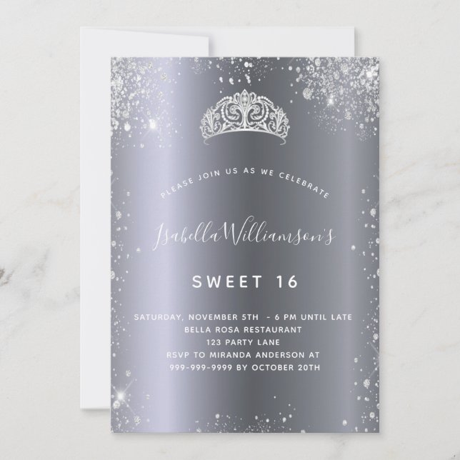 Silver glitter tiara crown Sweet 16 Invitation (Front)